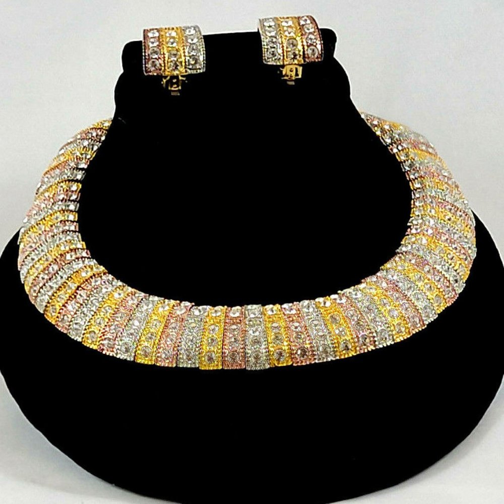 Vintage Tri-Colored Statement Choker/Collar Neclace w/ Matching Clip On Earrings